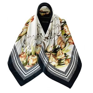 90cm satin silk square scarf featuring vibrant orange tulip prints and geometric borders