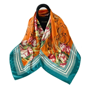 Elegant Square Scarf Satin Simulated Satin Tulip Floral Print Large Wrap Fashion Shawl For Women
