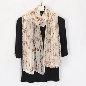 Lightweight floral chiffon scarf for women, elegant summer beach shawl in cream white