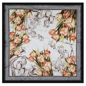 Elegant 90cm satin square scarf with orange tulip floral print and black border