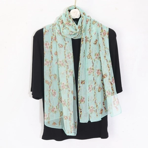 Mint green floral chiffon scarf for summer beachwear and dance shawl with delicate patterns