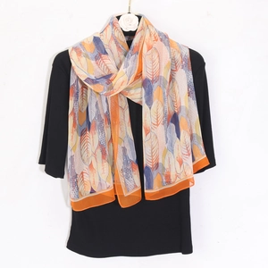 Breathable long beach shawl scarf with stylish orange leaf print in lightweight chiffon