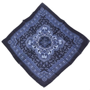 Detail view of cotton linen bandana with blue paisley pattern and satin finish