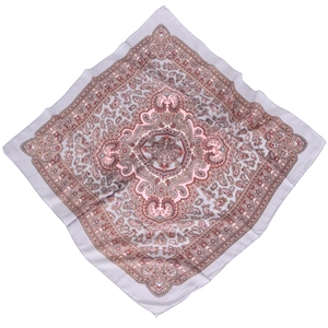 Close-up of vintage purple paisley pattern on light cotton linen blend square scarf