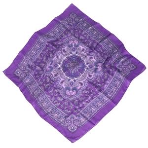 Deep purple cotton linen square scarf with vintage paisley and mandala floral patterns