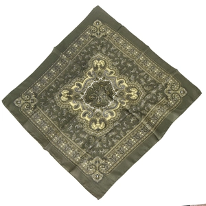 Olive green paisley linen square scarf with vintage pattern for sun protection