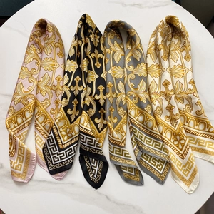 Elegant 70cm satin square scarves with gold baroque print in pink black and white