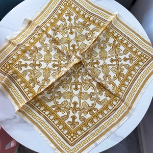Luxurious 70x70cm satin square scarf with golden baroque patterns and greek fret border