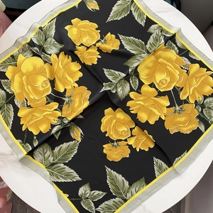 70cm breathable faux silk square scarf featuring vibrant yellow rose print on black base