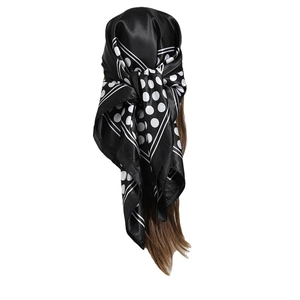 Elegant black and white polka dot silk-like satin square scarf for women's hair styling