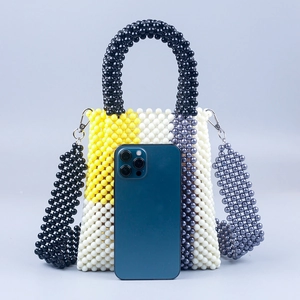 Colorful acrylic beaded crossbody bag with geometric blocks and detachable shoulder strap