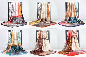 Detailed grid of six patterned satin square scarves in various luxury color options