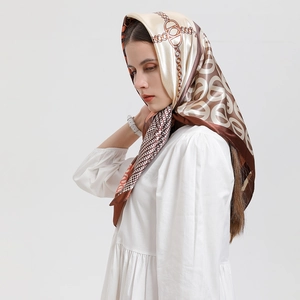 Elegant satin silk floral scarf in beige and brown with chic chain and geometric pattern