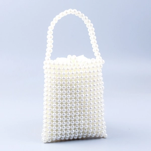 White faux pearl handmade beaded mini tote bag with drawstring satin lining and top handle