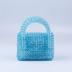 Handmade light blue acrylic beaded handbag with a transparent jelly finish and top handle