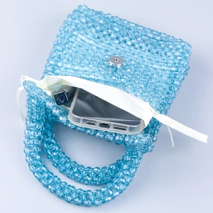 Light blue beaded handmade mini handbag with acrylic jelly beads and canvas drawstring pouch