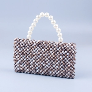 Handmade brown marble acrylic beaded handbag with white faux pearl handle in retro style