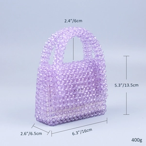 Detailed view of handmade purple beaded handbag showing 16x6.5x13.5cm dimensions