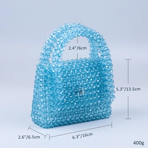 Detailed size specifications of blue beaded acrylic bag showing 16cm length and 400g weight