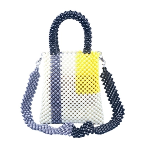Fashionable geometric beaded acrylic handbag with colorful patchwork design and strap