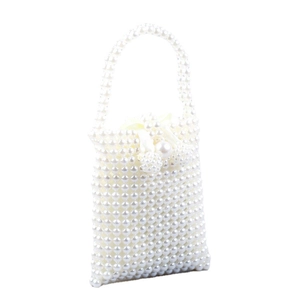 Elegant white faux pearl handmade beaded handbag with bow silk lining for weddings
