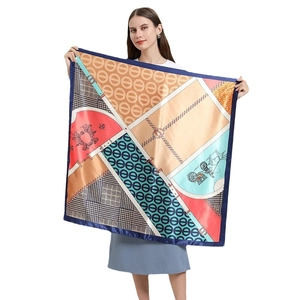 Elegant 90cm square satin silk scarf with equestrian print and geometric patterns