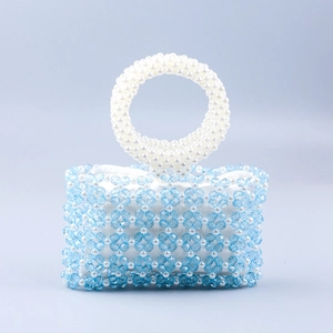 Sac à Main en Künstliche Perles Fait à la Main pour Femmes Bleu Blanc Künstliche Perle Acrylique Tissé Ajouré avec Poignée Ronde Sac de Mode d'Été