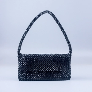 Handmade black faceted acrylic beaded flap handbag with elegant woven top handle