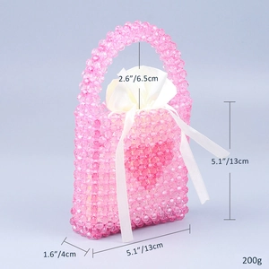 Detailed dimensions of pink beaded heart handbag with size and weight measurements