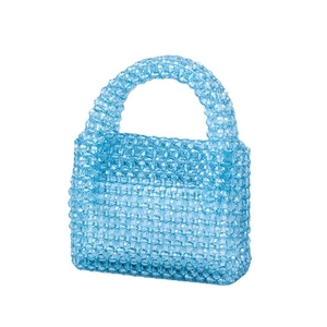 Handmade light blue beaded handbag with transparent acrylic facets and top handle