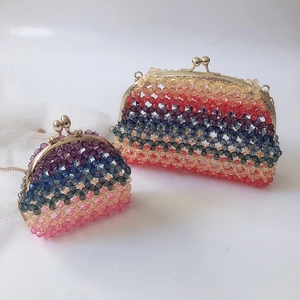 Handmade acrylic rainbow beaded clutch bag with gold chain strap in two-piece set
