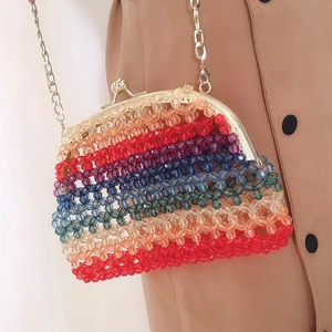 Handmade beaded rainbow acrylic crossbody bag with gold metal chain and vintage clasp closure