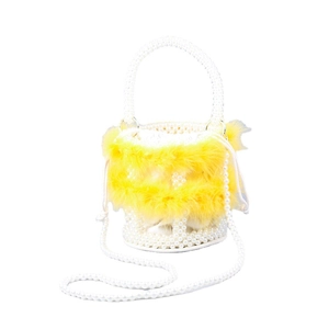 Faux pearl beaded bucket bag with yellow faux fur trim and elegant crossbody chain
