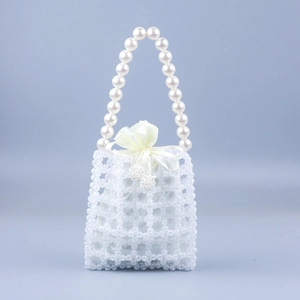 Handmade Acrylic Beaded Mini Handbag With Artificial Pearl Handle Woven Hollow Out Elegant Satin Pouch Women Sweet Style