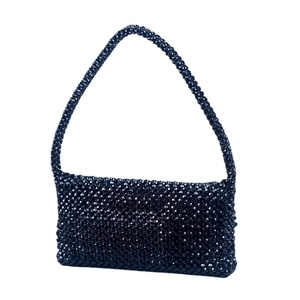 Handmade black acrylic beaded flap handbag with rectangular woven pearl shoulder strap