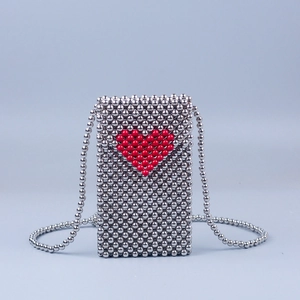 Handmade Beaded Crossbody Phone Bag Silver Red Heart Contrast Mini Vertical Rectangular Purse With Bead Chain Strap