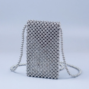 Handmade silver beaded crossbody phone bag with a rectangular vertical design for women