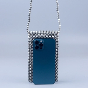 Handmade beaded crossbody phone bag with silver metallic beads and long chain strap