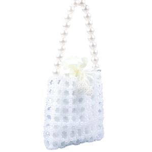 Handmade pearl and clear beaded woven tote bag with white silk bow and satin lining
