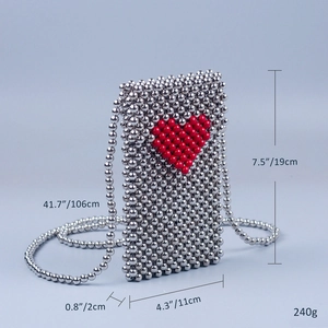 Handmade beaded silver mobile phone bag with red heart pattern and crossbody strap