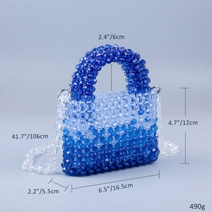 Detail of gradient blue acrylic beaded handbag with measurements and long chain strap