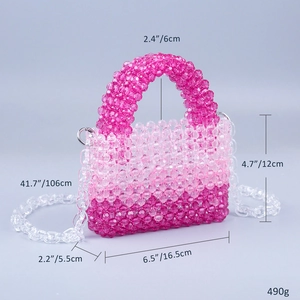Detailed view of pink gradient acrylic bead handbag with size measurements and long chain