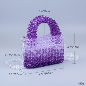 Detailed size specifications and weight for the purple gradient handmade acrylic beaded bag