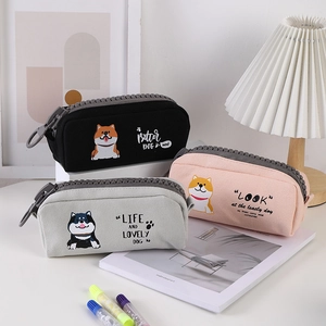 Three cute Shiba Inu canvas pencil cases with large chunky zippers in black pink and grey