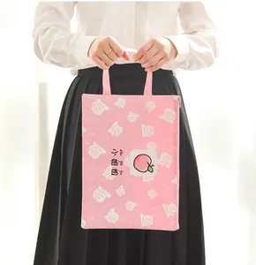 Pink canvas document bag with cute peach print and fairy text for students and office