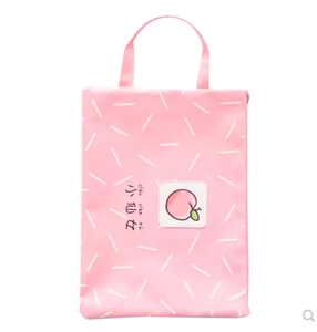 Pink canvas file bag with peach print and fairy characters for school and office storage