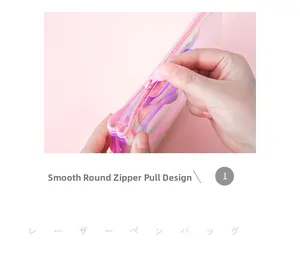 Detail of round smooth zipper head and holographic laser material of the pencil case