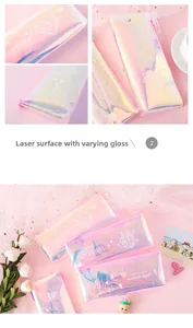 Detail of laser holographic pencil case with heart pattern and iridescent surface