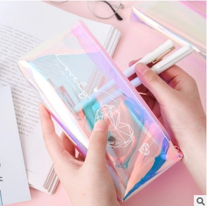 Holographic pencil case with lovely print and iridescent heart design for stationery