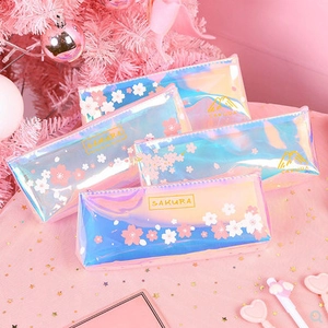 Holographic Laser PVC Pencil Case Sakura Cherry Blossom Waterproof Transparent Stationery Bag Zipper For Students Girls
